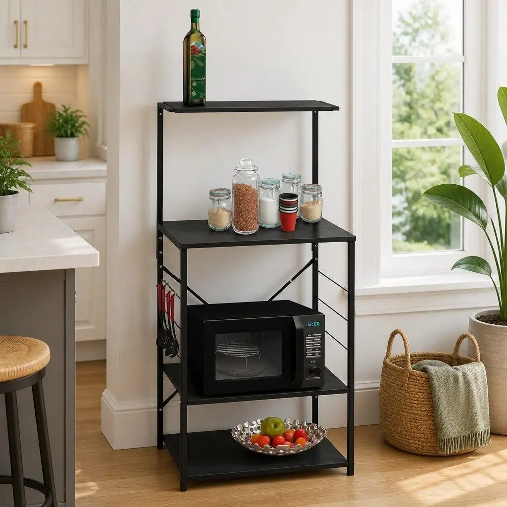 4-Tier Microwave Kitchen Storage Cabinet in Black