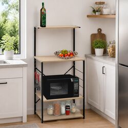 Durable 4-Tier Microwave Cabinet with Steel Frame in Black Oak