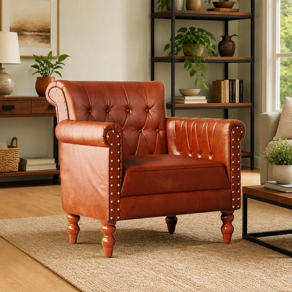 Armchair Real Goat Leather Brown Solid Mango Wood Legs