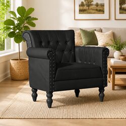Stylish Black Goat Leather Armchair with Mango Wood Legs