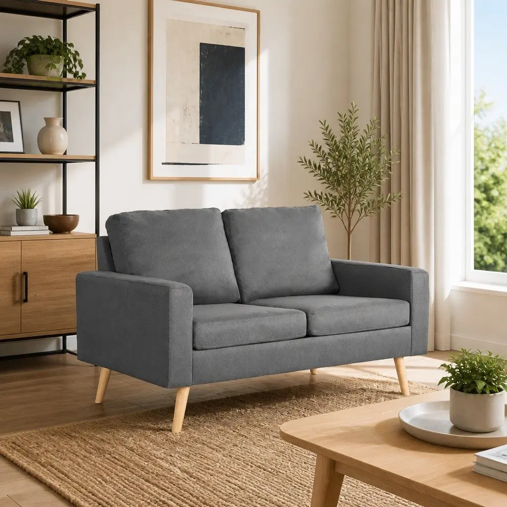 2-Seater Sofa in Grey Fabric with Padded Cushions