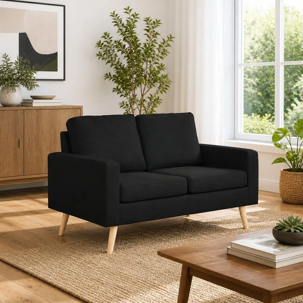 2-Seater Sofa Fabric Black Upholstered Padded Cushions Wooden Frame