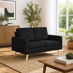 Black Fabric Upholstered 2-Seater Sofa with Padded Cushions