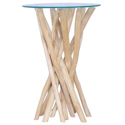 Accent Coffee Table with Solid Teak Wood and Glass Top