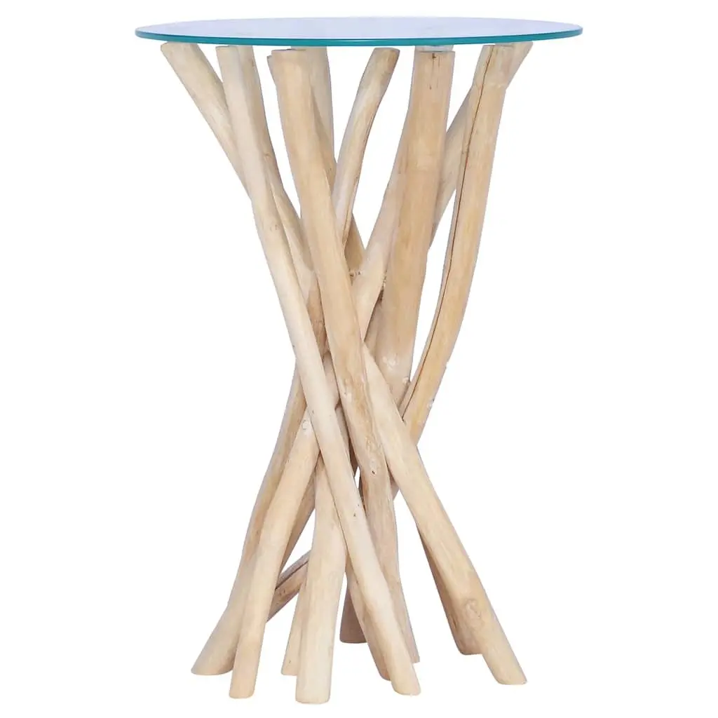 Accent Coffee Table with Solid Teak Wood and Glass Top