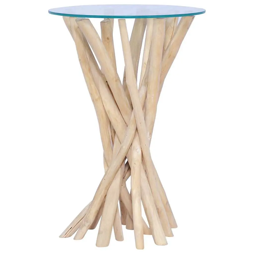 Accent Coffee Table with Solid Teak Wood and Glass Top