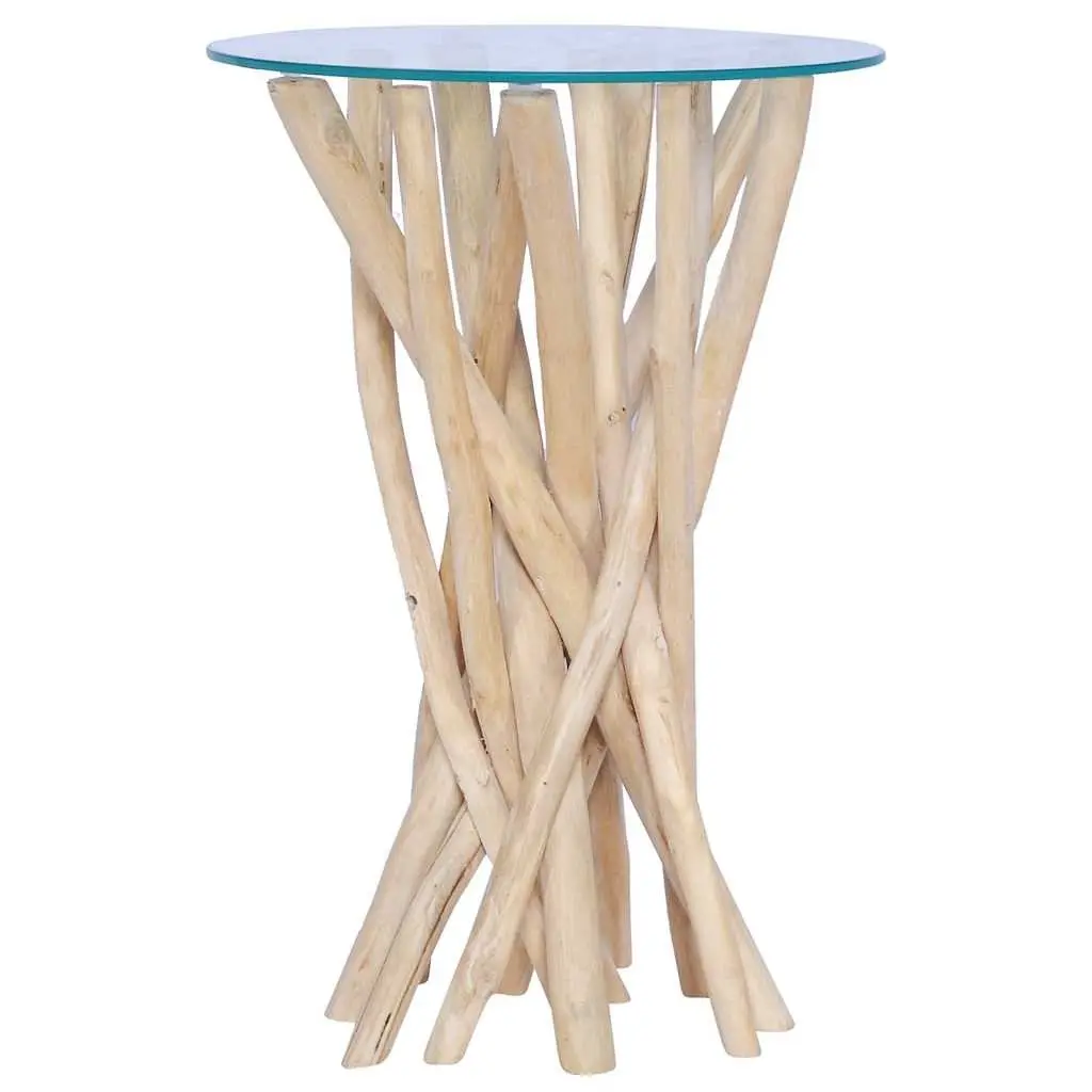Accent Coffee Table with Solid Teak Wood and Glass Top