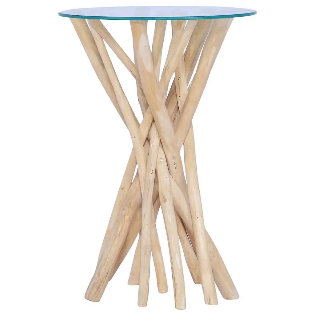 Accent Coffee Table with Solid Teak Wood and Glass Top
