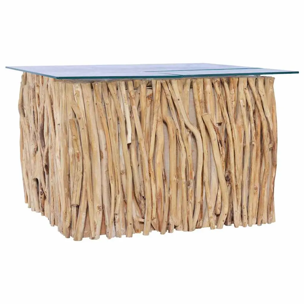 Solid Teak Wood Coffee Table with Glass Top 66x66x40cm