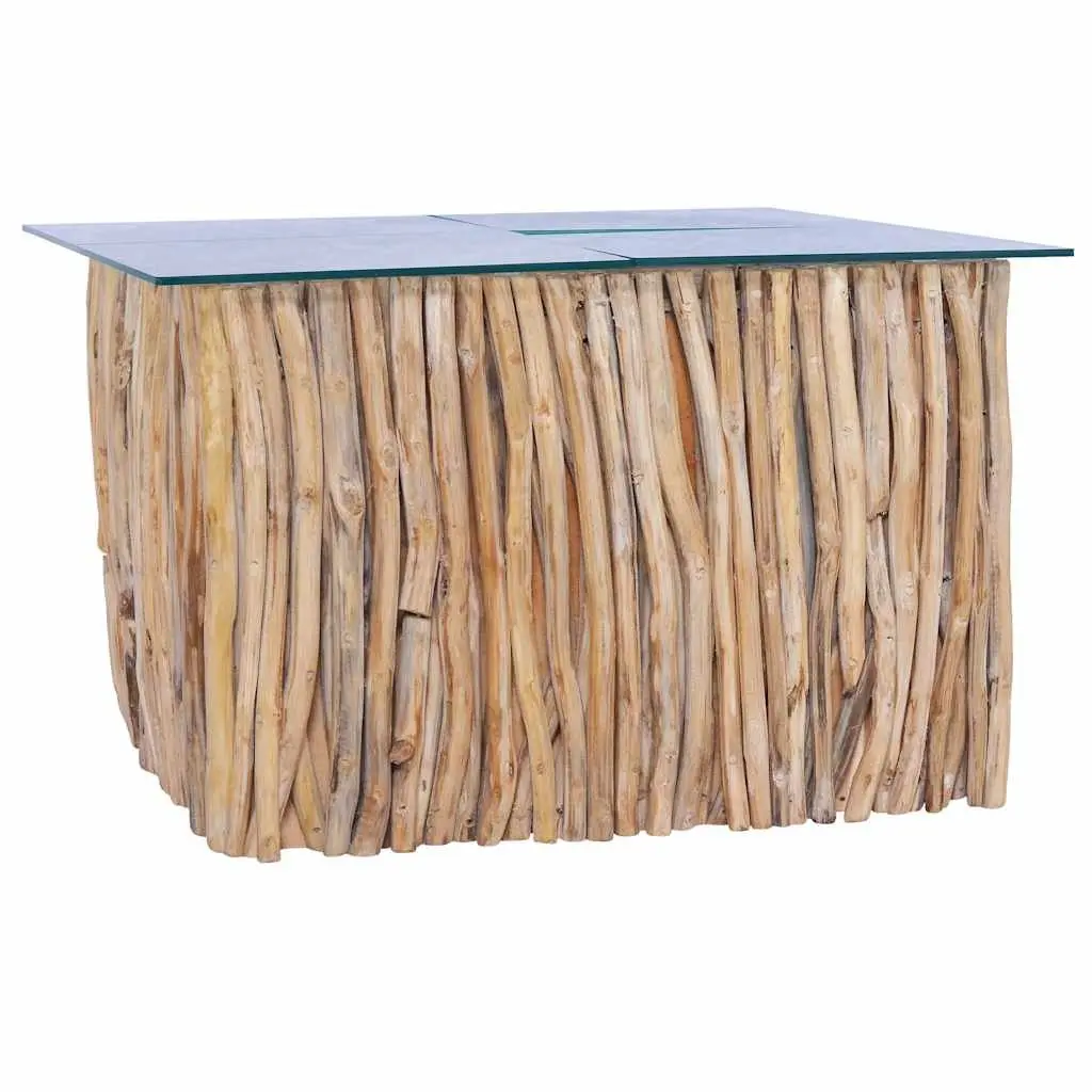 Solid Teak Wood Coffee Table with Glass Top 66x66x40cm