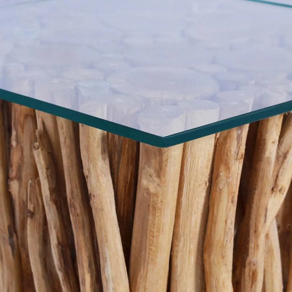 Solid Teak Wood Coffee Table with Glass Top 66x66x40cm