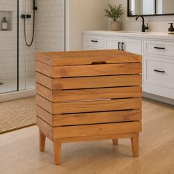 Laundry Basket Slatted Design Solid Wood Brown Colonial Rustic Bathroom Storage