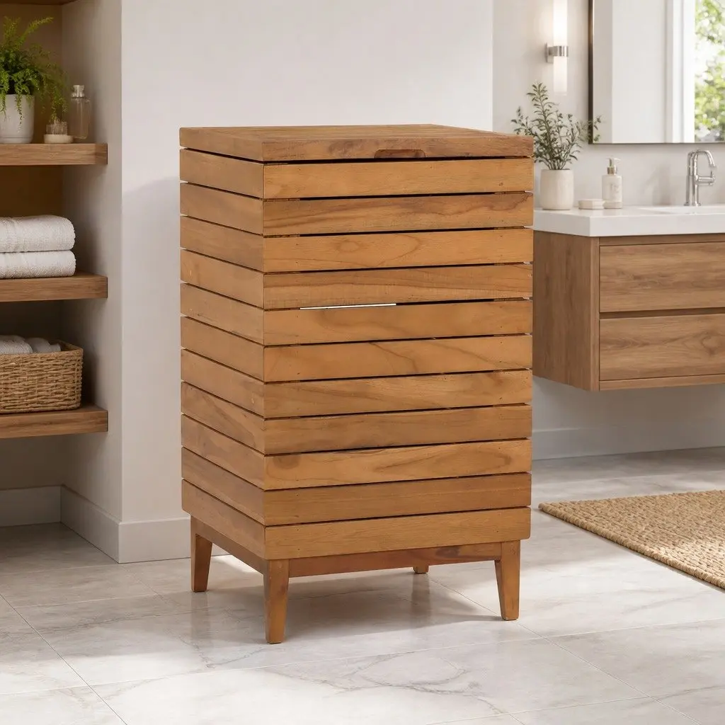 Solid Teak Wood Slatted Laundry Basket with Cover