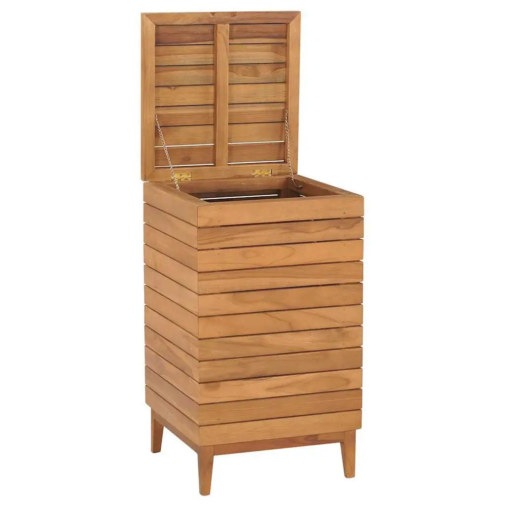 Solid Teak Wood Slatted Laundry Basket with Cover