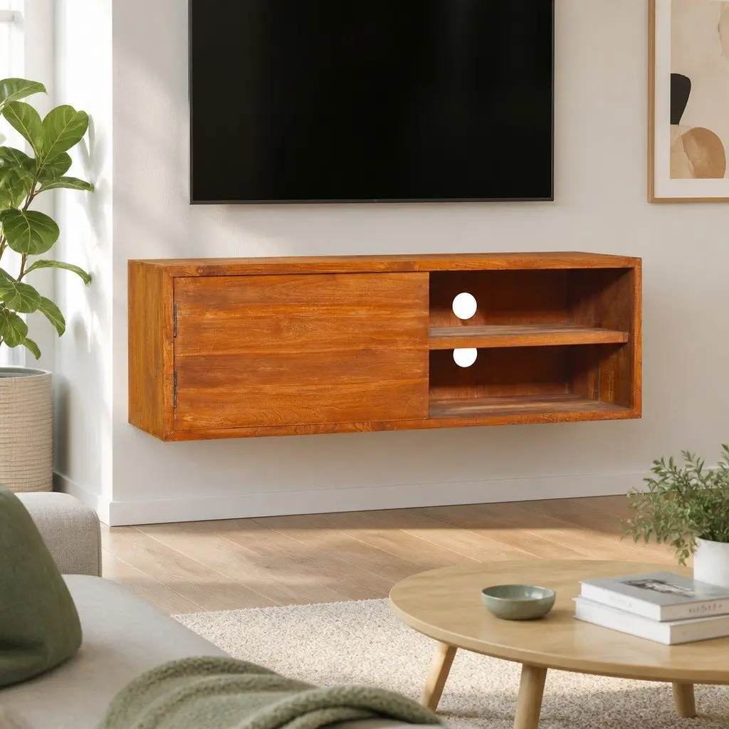 Solid Teak Wood Wall-Mounted TV Cabinet 90x30x30cm