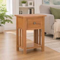 Compact Oak Wood End Table with Drawer and Shelf