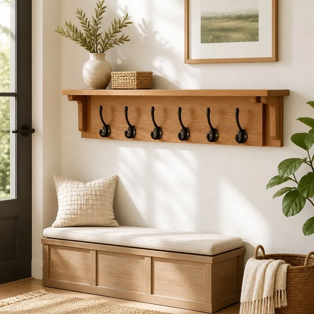 Wall Mounted Coat Rack Brown Solid Oak Wood 6 Hooks Entryway Organizer