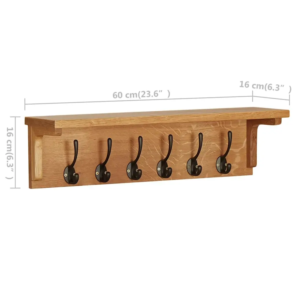 Wall Mounted Coat Rack Brown Solid Oak Wood 6 Hooks Entryway Organizer