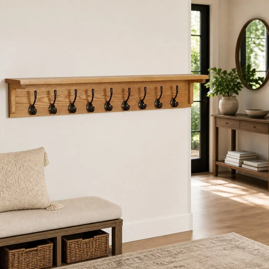 Coat Rack Wall-Mounted Brown 9 Hooks Solid Oak Wood Entryway Hallway Storage