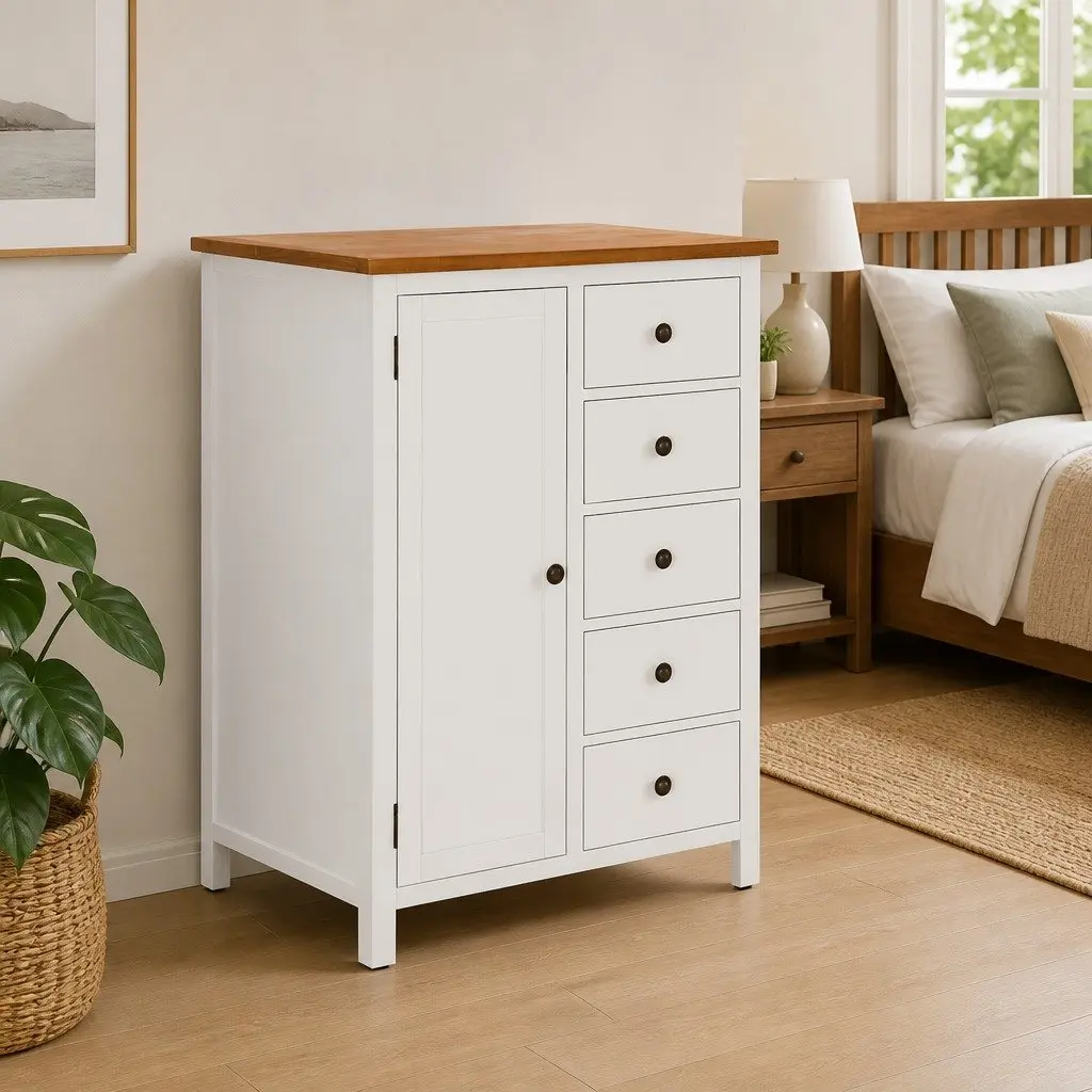 Wardrobe Solid Oak Wood Acacia Wood 76x52x105 cm Brown Clothes Cabinet with Hanging Rod and Drawers