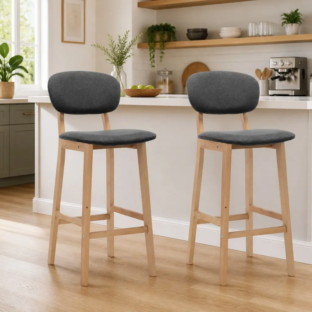 Bar Stools Fabric Grey Set of 2 Backrest Footrest Solid Beech Wood Modern Style