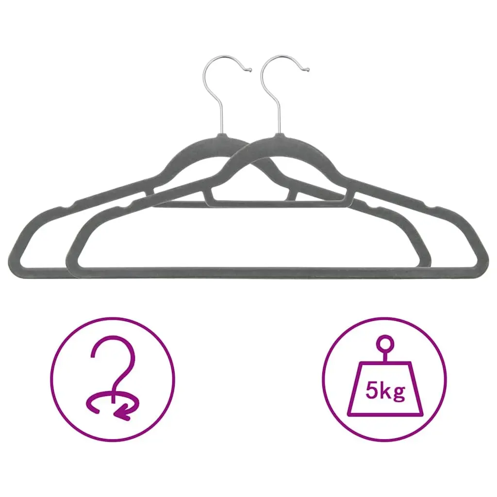 Clothes Hangers Plastic Metal Velvet Coating Grey 100 Piece
