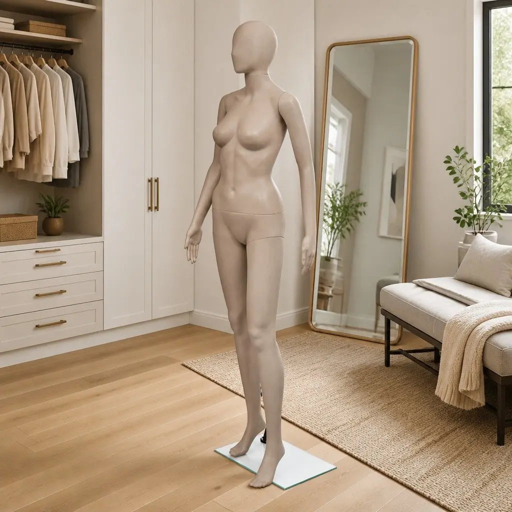 Beige Torso Female Display Mannequin with Glass Base