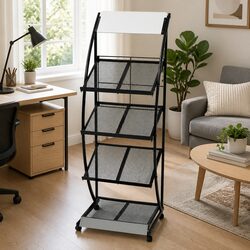 Black 4-Shelf A4 Magazine Rack with Castor Wheels