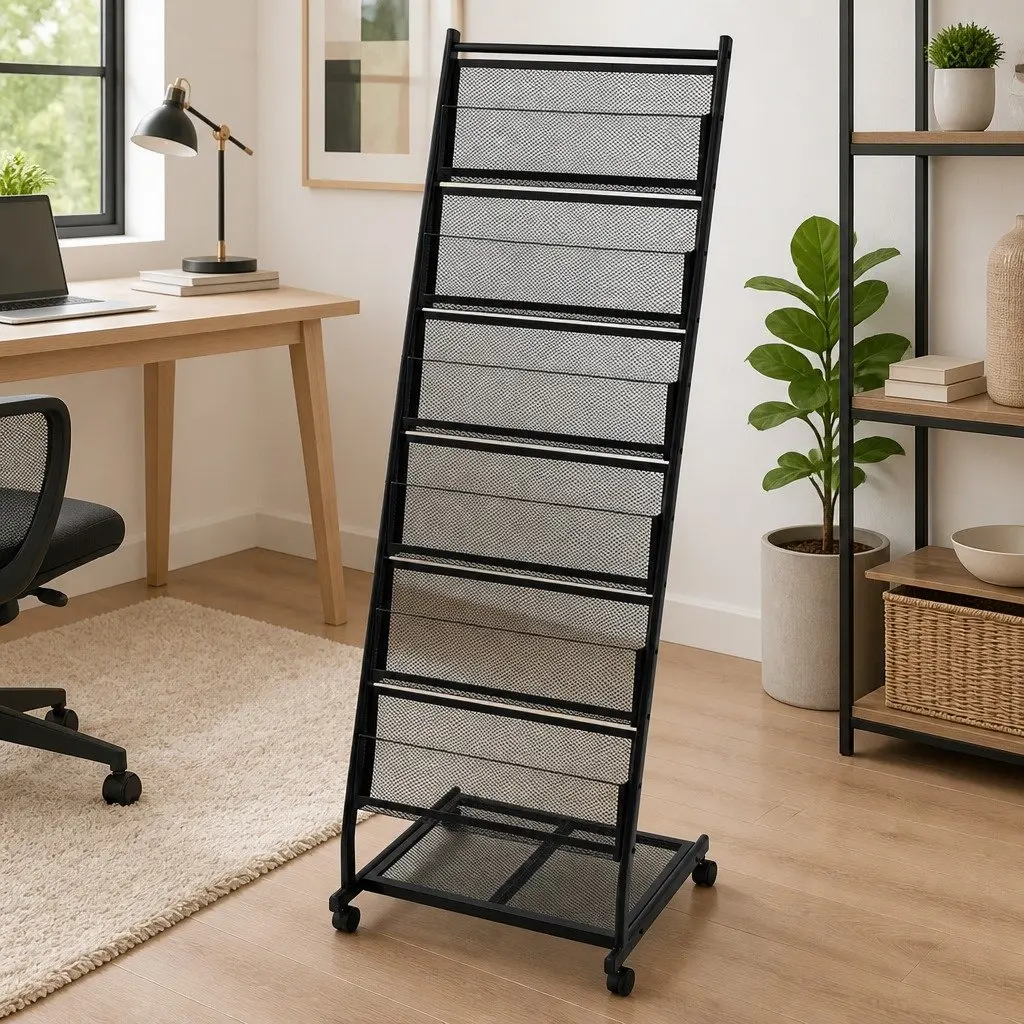 Magazine Rack Black A4 Display Stand Shelf Castor Wheels 47.5x43x133 cm