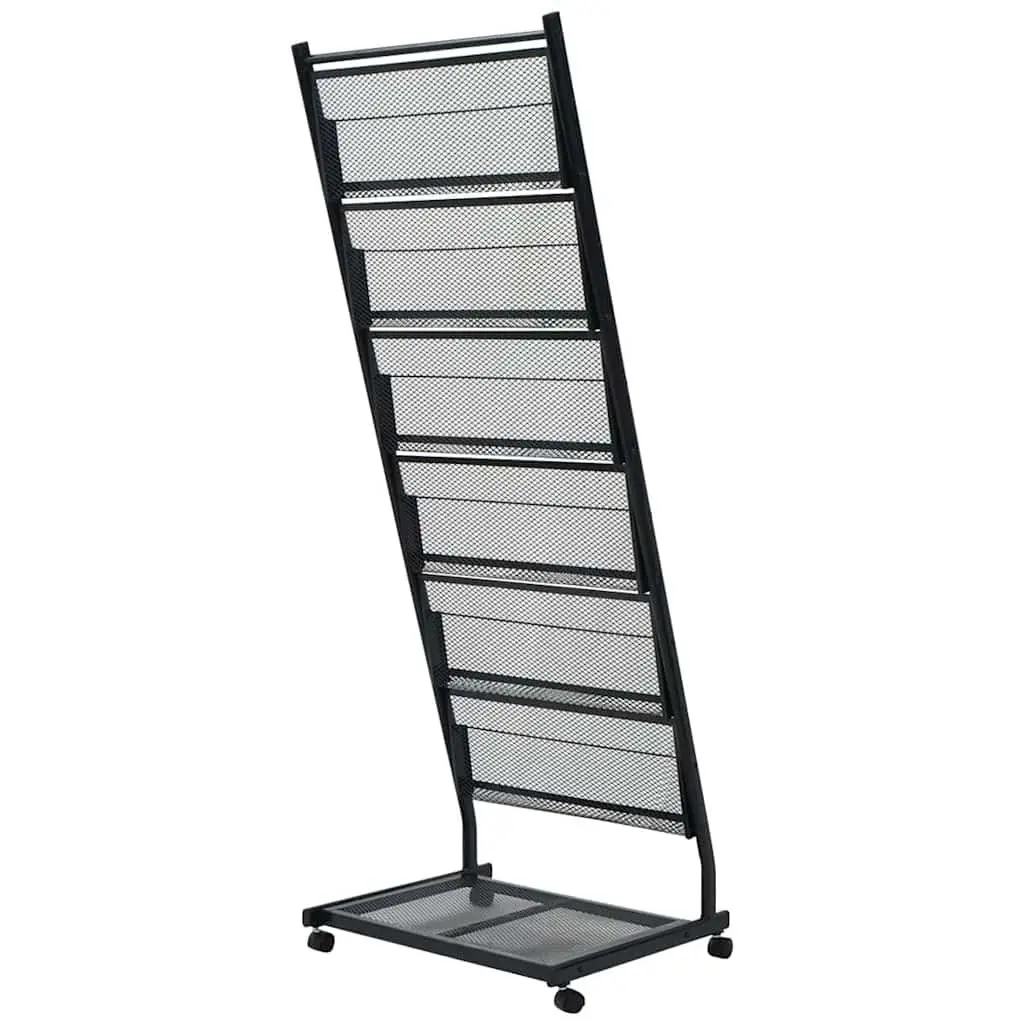 Magazine Rack Black A4 Display Stand Shelf Castor Wheels 47.5x43x133 cm