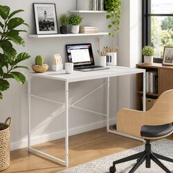 Stylish White Computer Desk with Sturdy Metal Frame