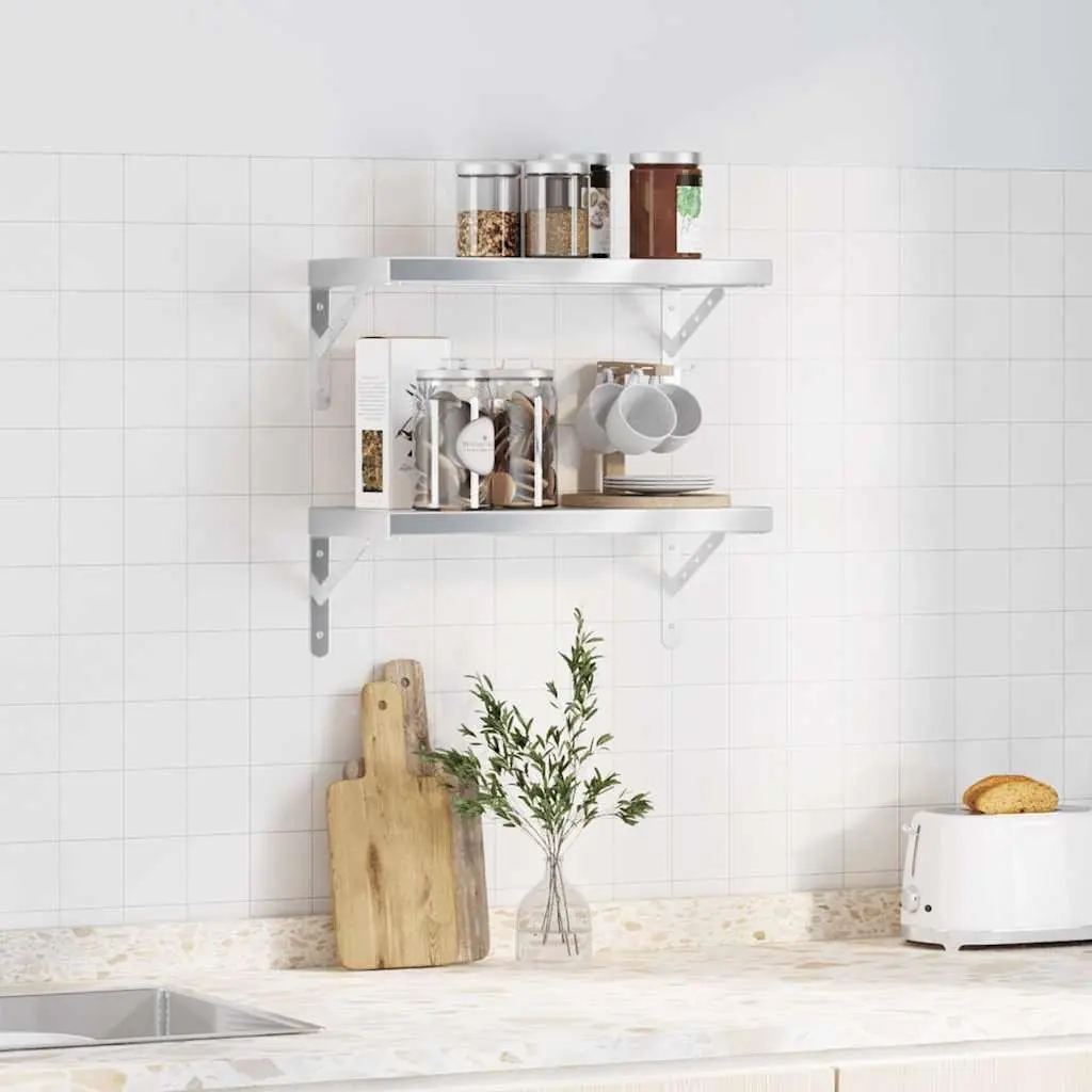 Wall Shelves Stainless Steel 50x23.5 cm Silver 2 Piece Floating Mounted Storage Display Shelf