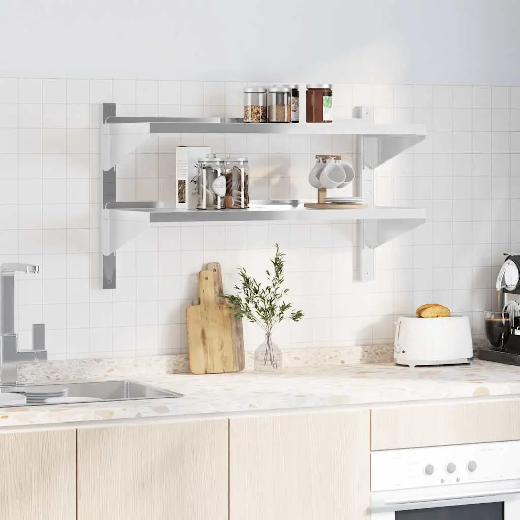 2-Tier Wall Shelf 100x40x60 cm Silver Stainless Steel Storage Rack Mounting