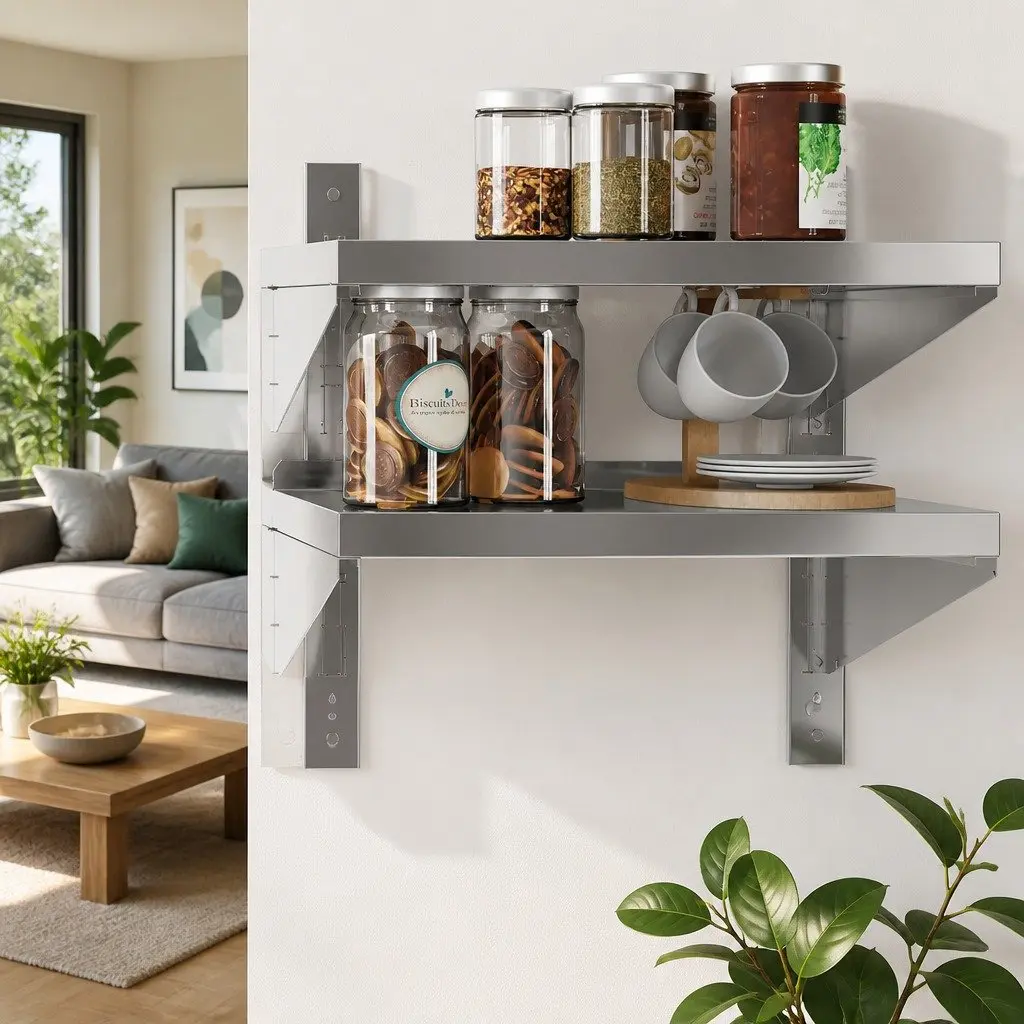 2-Tier Stainless Steel Wall Shelf in Silver