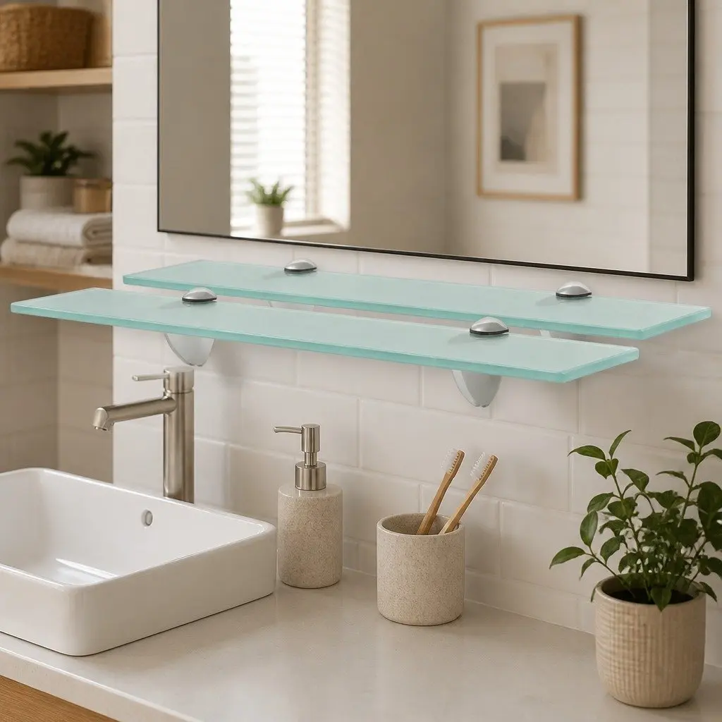 Glass Floating Shelves 2 pcs Wall Mounted Display Shelf Bathroom Living Room