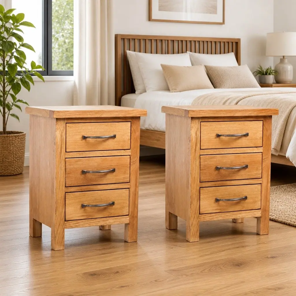 Solid Oak Wood Nightstands, 2 Pcs with 3 Drawers Each