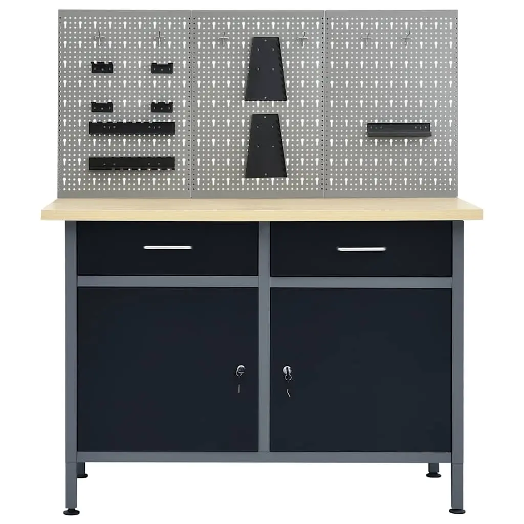 Workbench Steel Grey 120cm with 3 Wall Panels Storage Shelves Drawers