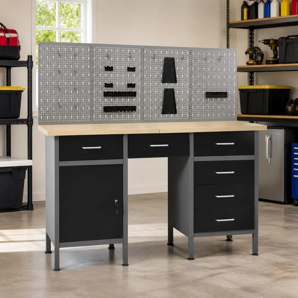 Heavy Duty Black Workbench with Four Wall Panels