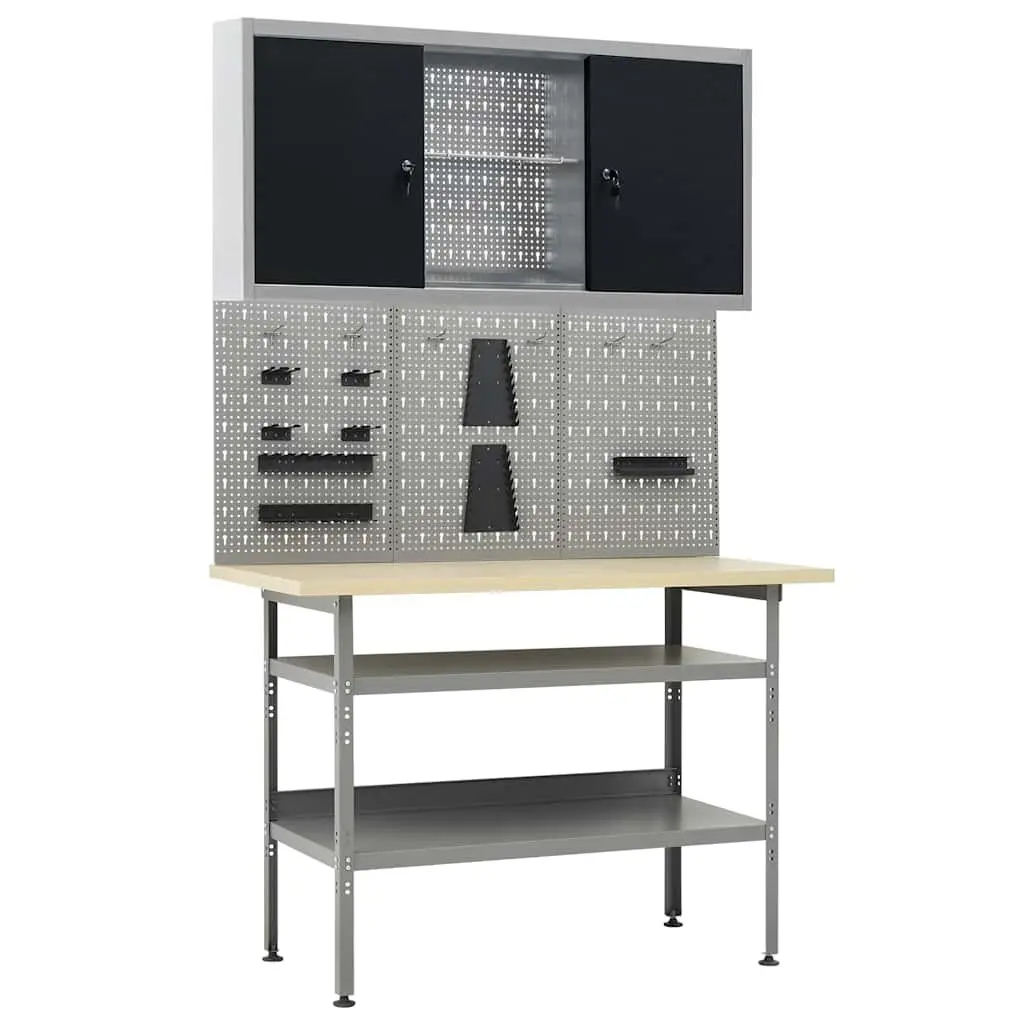 Grey Steel Workbench with Wall Panels and Cabinet