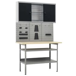 Durable Grey Steel Workbench with Wall Panels and Cabinet