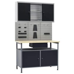 Heavy-Duty Black Workbench with 3 Wall Panels and Cabinet