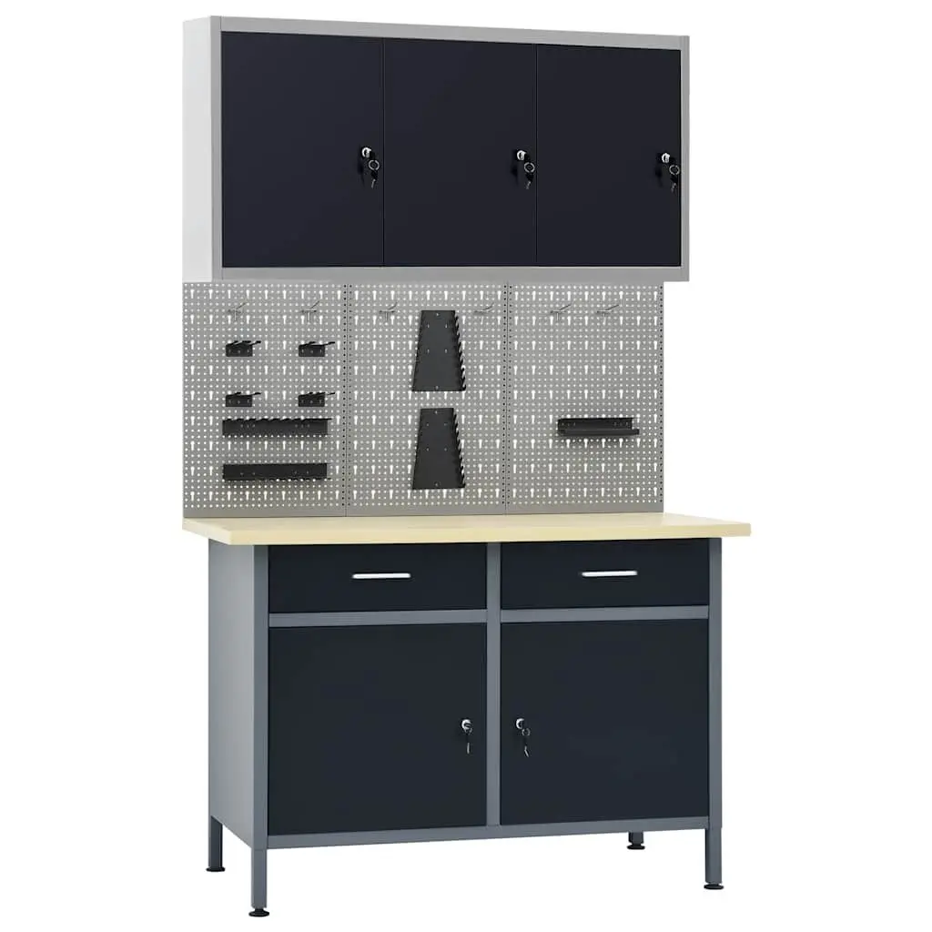Black Workbench with Wall Panels and Cabinet