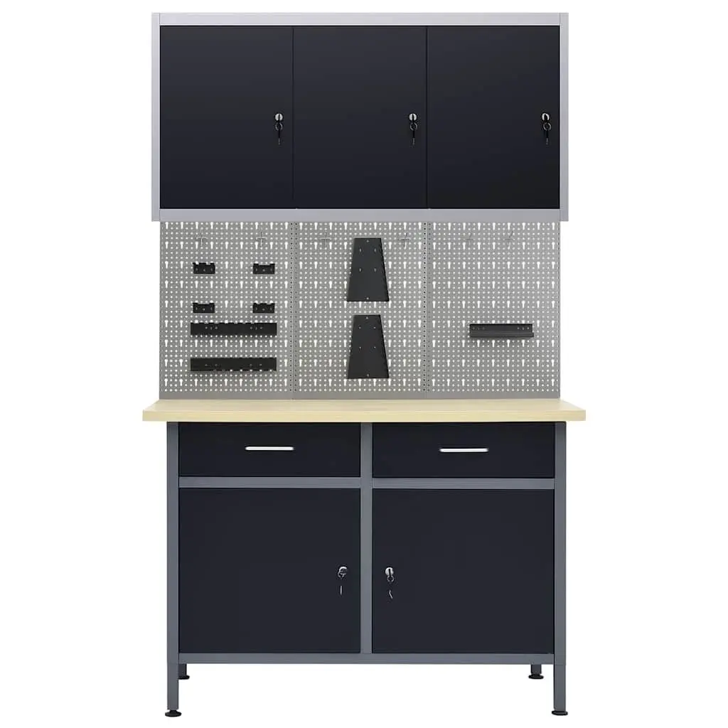Black Workbench with Wall Panels and Cabinet