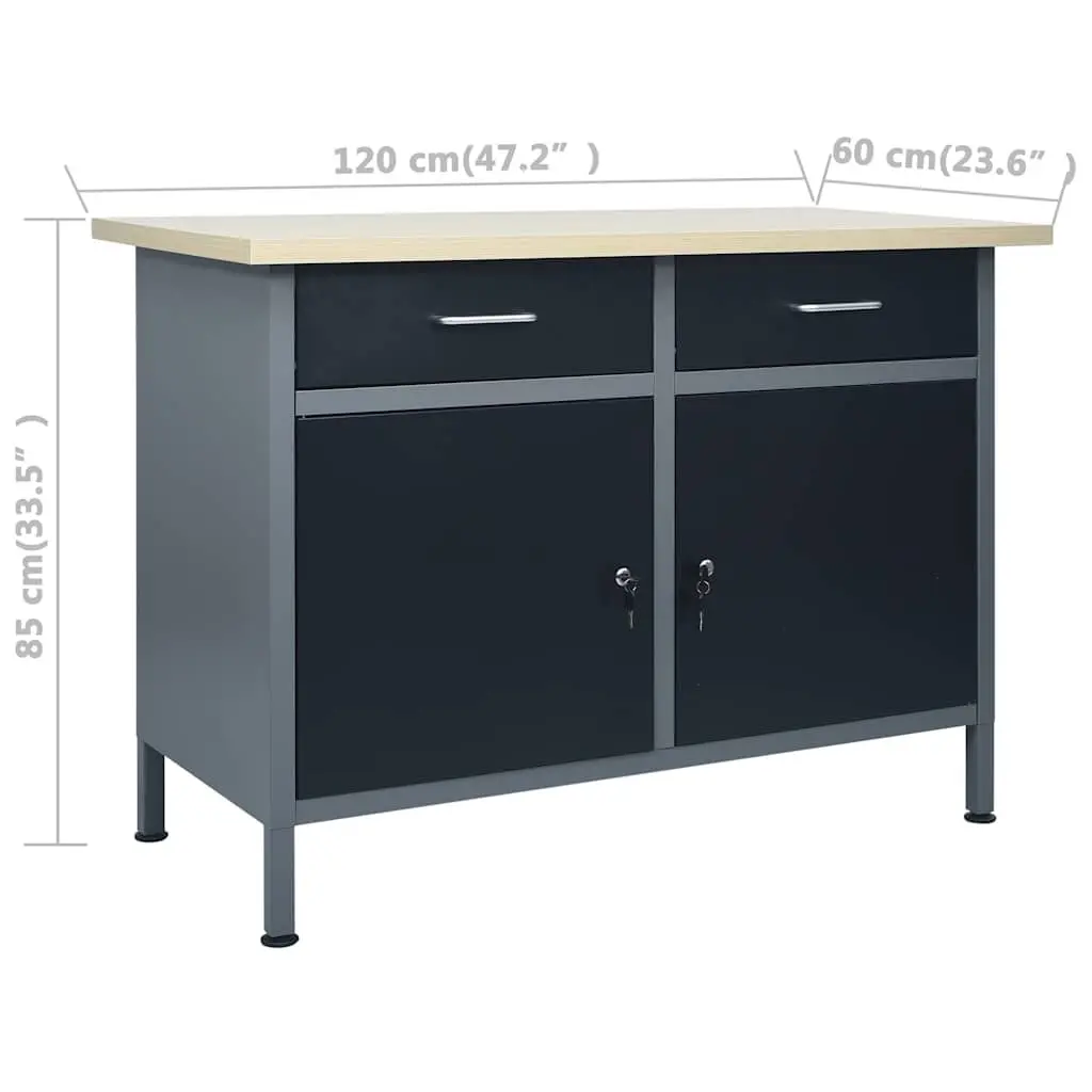 Black Workbench with Wall Panels and Cabinet