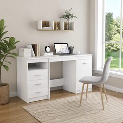 Engineered Wood White Office Desk with Storage Drawers