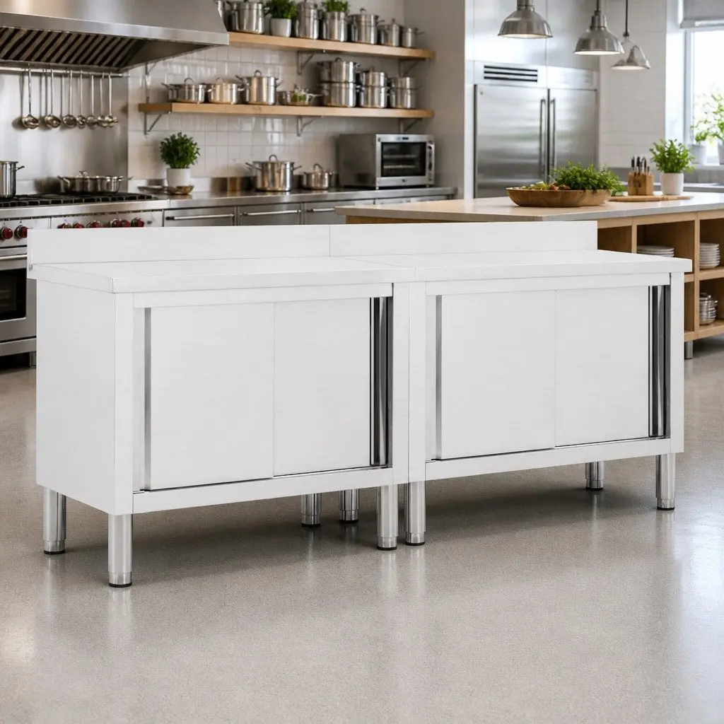 Stainless Steel Work Tables with Sliding Doors 200x50cm