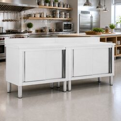 Durable Stainless Steel Work Tables with Sliding Doors 200x50cm