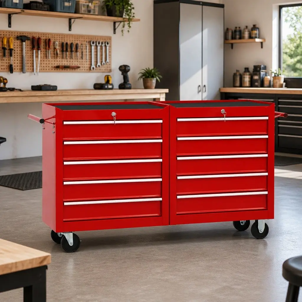 Red Steel Tool Trolley with 10 Drawers for Workshops