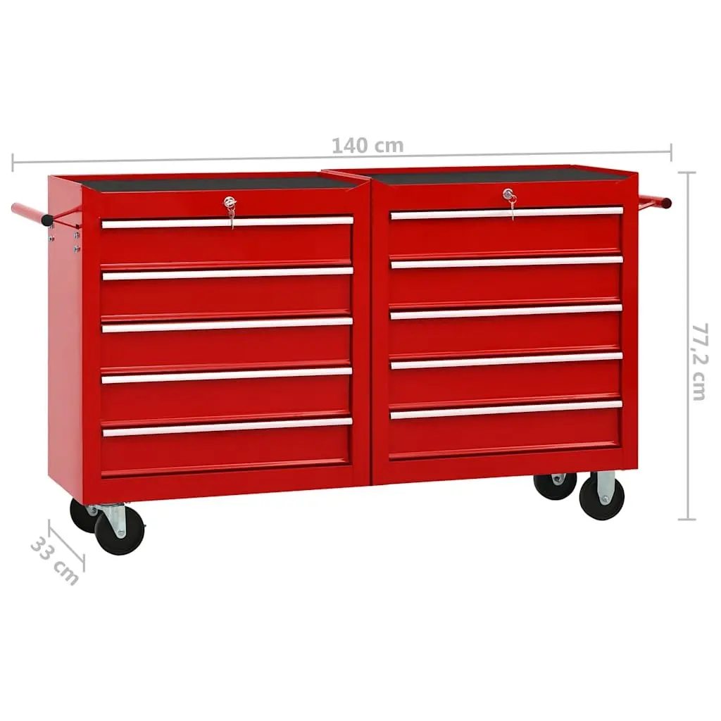 Red Steel Tool Trolley with 10 Drawers for Workshops