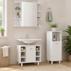 Stylish 3-Piece White Bathroom Cabinet and Mirror Set